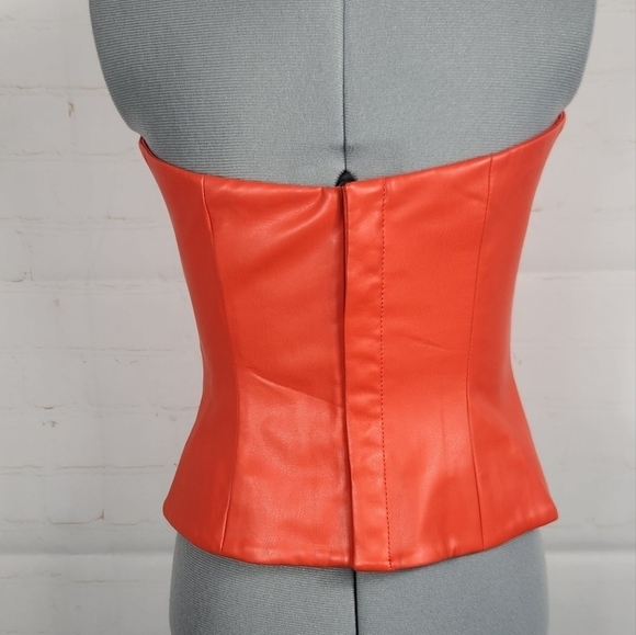 STAUD Tracing Faux Vegan Leather Bustier Strapless Top in Reddish Orange Size 0 - Picture 4 of 15